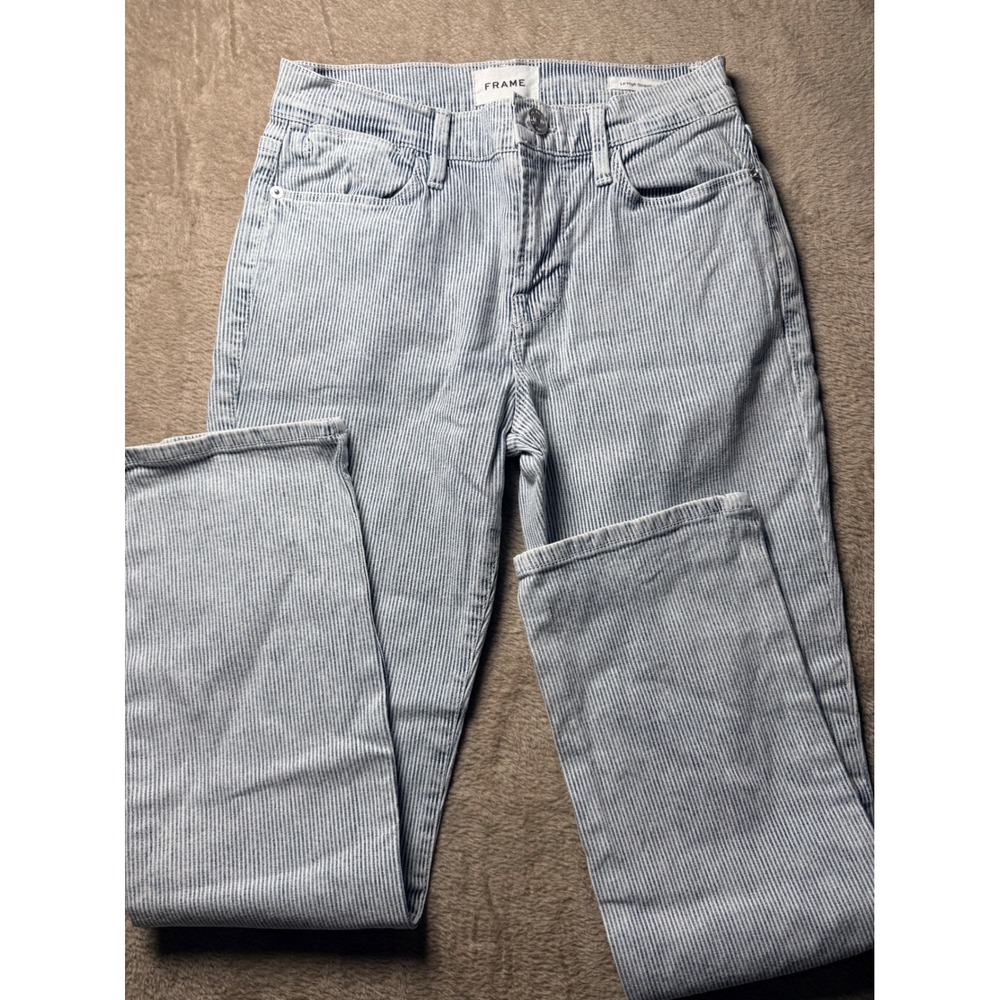 FRAME Le High Straight Jeans‎ Blue White Railroad Stripe Denim Size 26 Coastal
